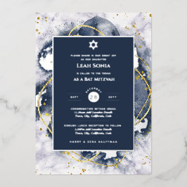 バー（ユダヤ教の）バル・ミツバー招待状ホイル実在アゲート金ゴールドブルー 箔招待状