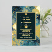 バー(ユダヤ教の)バル・ミツバー招待状ホイル実在アゲート金ゴールドブルー 箔招待状 (立ち正面)