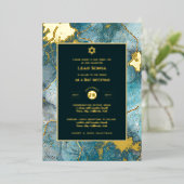 バー（ユダヤ教の）バル・ミツバー招待状ホイル実在アゲート金ゴールドブルー 箔招待状 (立ち正面)