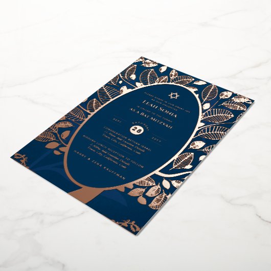 バー(ユダヤ教の)バル・ミツバー招待状実在フォイルツリーのライフ金ゴールド 箔招待状 (回転した状態)