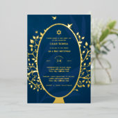 バー(ユダヤ教の)バル・ミツバー招待状実在フォイルツリーのライフ金ゴールド 箔招待状 (立ち正面)