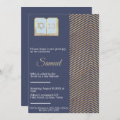 バー（ユダヤ教の）バル・ミツバー招待：青と金ゴールドデザイン 招待状 (正面/裏面)