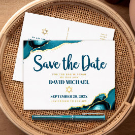 バー（ユダヤ教の）バル・ミツバー救日付ターコイズアゲ実在ート金ゴールド 箔招待状ポストカード