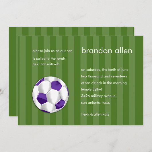 バー（ユダヤ教の）バル・ミツバー紫と白サッカーボール 招待状 (正面/裏面)