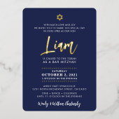 バー(ユダヤ教の)バル・ミツバー脚本レタリング金ゴールドネイビーブルー 箔招待状 (正面)