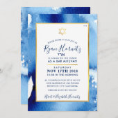 バー（ユダヤ教の）バル・ミツバー金ゴールド星ブルー水色フォトRYAN2 招待状 (正面/裏面)