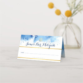 バー（ユダヤ教の）バル・ミツバー青モダン水色金ゴールドフォイルスター プレイスカード