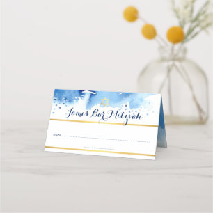 バー（ユダヤ教の）バル・ミツバー青モダン水色金ゴールドフォイルスター プレイスカード