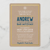 バー（ユダヤ教の）バル・ミツバー頭が切れる型クはっきりしたラフト海軍ブルー 箔招待状 (正面)