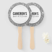 バー（ユダヤ教の）バル・ミツバーFAN自撮り上質グラム銀グリッター ハンドファン (正面&裏面)