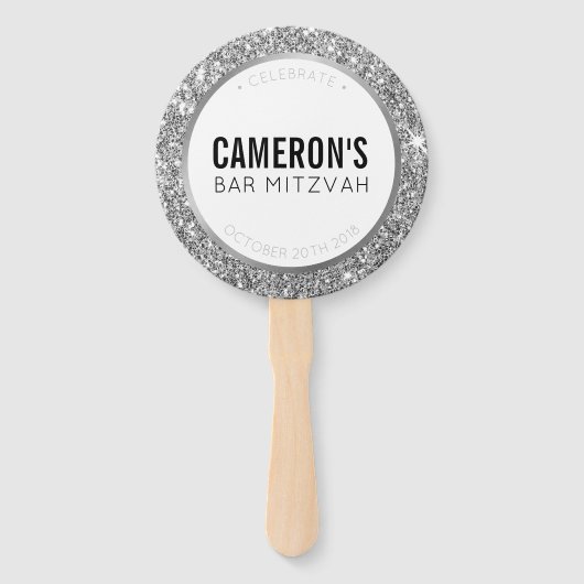 バー（ユダヤ教の）バル・ミツバーFAN自撮り上質グラム銀グリッター ハンドファン (正面)