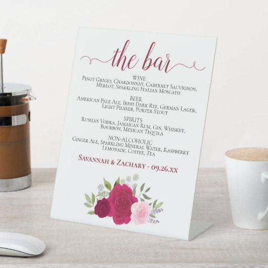 バー- Magenta & Pink Roses Drinks Menu 結婚's 台座サイン (インサイチュ)