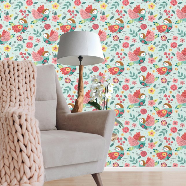 バ素晴らしカラフルードピンク緑のパターン 壁紙 (Stunning Colorful Bird Pink Green Pattern Wallpaper from Ricaso. Beautiful bold bird patterned paper)
