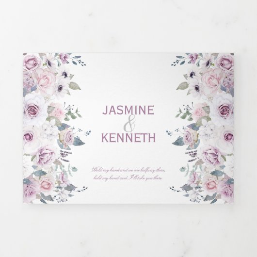 バ素朴イオレット&ピンクウォーターカラーバラ結婚ズ 三つ折り招待状 (カバー)