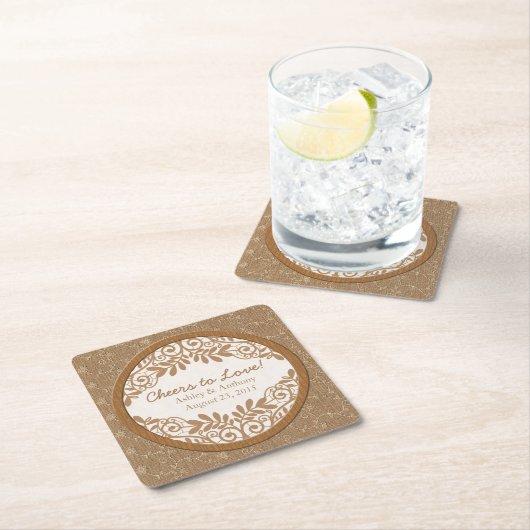 バ素朴ラップフェイクレースウッド結婚ズパーソナライズされた スクエアペーパーコースター (インサイチュ)