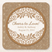 バ素朴ラップフェイクレースウッド結婚ズパーソナライズされた スクエアペーパーコースター (正面)