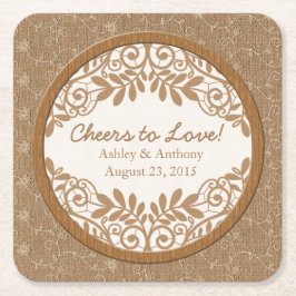 バ素朴ラップフェイクレースウッド結婚ズパーソナライズされた スクエアペーパーコースター