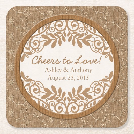 バ素朴ラップフェイクレースウッド結婚ズパーソナライズされた スクエアペーパーコースター (正面)