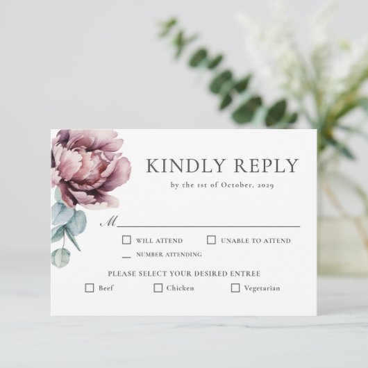 バ素朴ルグンディフローラ秋の結婚式RSVP 出欠カード (スタンド正面)