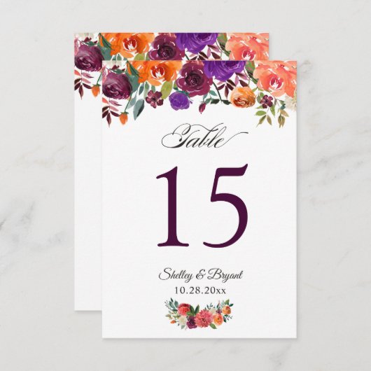 バ素朴ルグンディ結婚オレンジフローラのテーブル番号 出欠カード (正面/裏面)