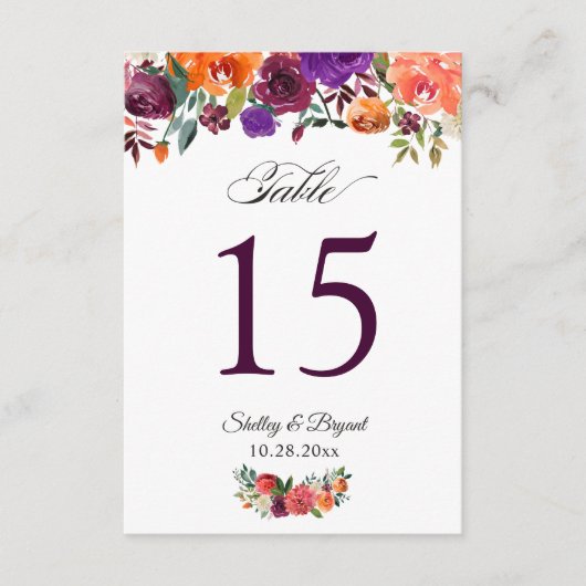 バ素朴ルグンディ結婚オレンジフローラのテーブル番号 出欠カード (正面)