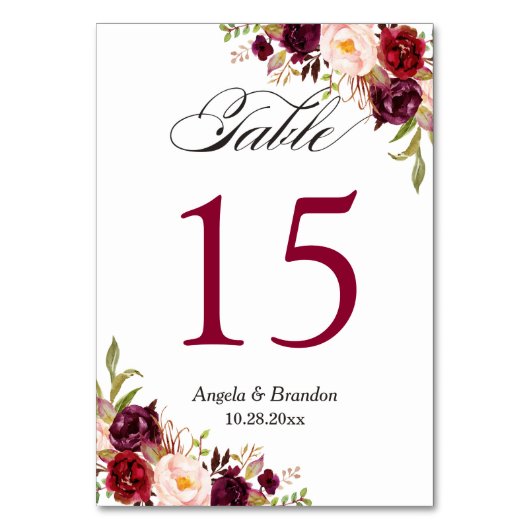 バ素朴ルグンディ赤フローラ結婚のテーブル番号 テーブルナンバー (正面)