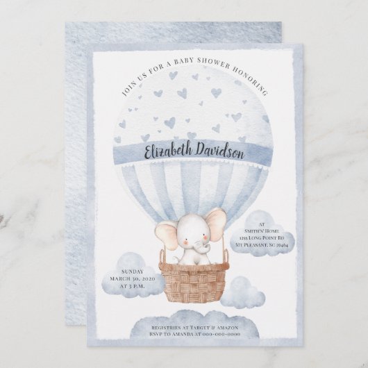 バ素朴ルーンエレファントボーイブルーベビーシャワー 招待状 (正面/裏面)