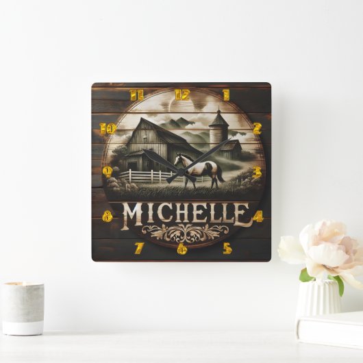 バ素朴ンアンドホースイラストレーションアットトワイライト スクエア壁時計 (ホーム)