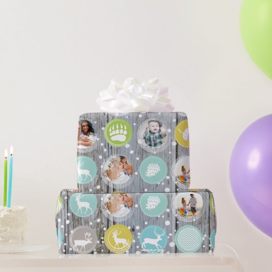 バ素朴ンウッドクリスマスファミリー写真 ラッピングペーパー (パーティーギフト)