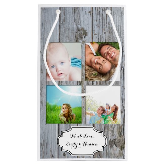 バ素朴ンウッドクリスマスホリデーファミリーフォト スモールペーパーバッグ (裏面)