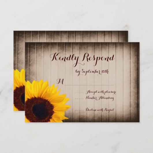 バ素朴ンウッドサンフラワーウェディングRSVPカード 出欠カード (正面/裏面)