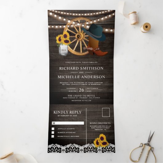 バ素朴ンウッドサンフラワーズカウボーイウェスタン結婚ズ 三つ折り招待状 (内部)