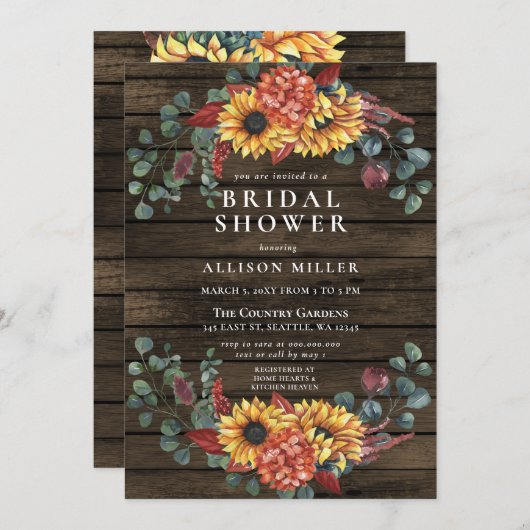 バ素朴ンウッドサンフラワーズブライダルシャワー 招待状 (正面/裏面)