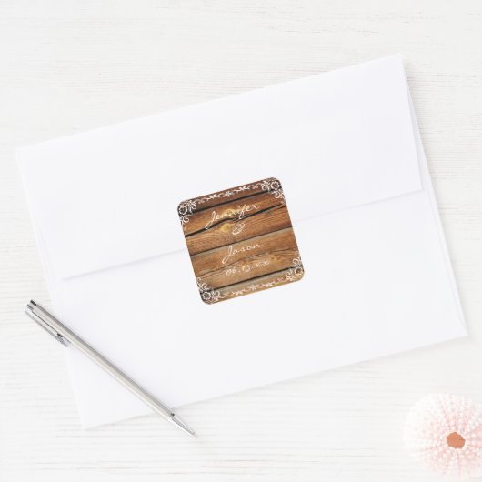 バ素朴ンウッドスクロール結婚フレームのシール スクエアシール (封筒)