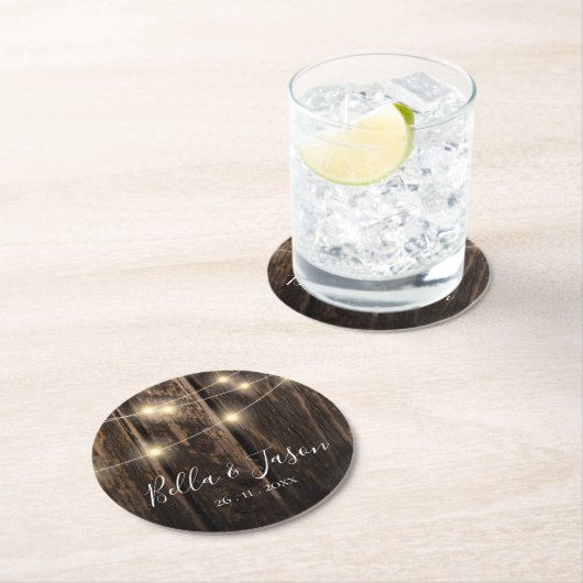 バ素朴ンウッドストリングライツウェディングパーティー ラウンドペーパーコースター (インサイチュ)