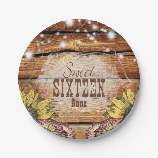 バ素朴ンウッドストリングライトサンフラワー ペーパープレート (正面)