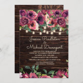 バ素朴ンウッドストリングライトパープルフローラ 招待状 (正面/裏面)