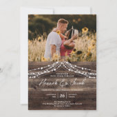 バ素朴ンウッドストリングライトフォトズ結婚ズ 招待状 (正面)