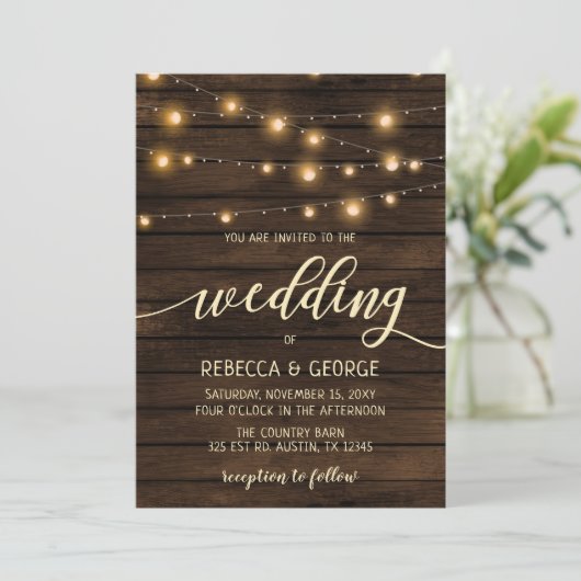 バ素朴ンウッドストリングライト結婚式招待状 招待状 (スタンド正面)