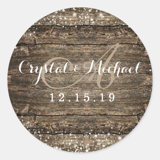 バ素朴ンウッドスノーフレーク冬の結婚式 ラウンドシール (正面)