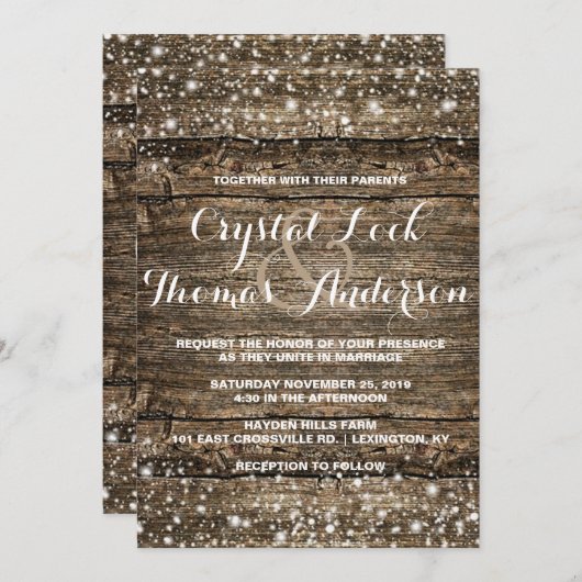 バ素朴ンウッドスノーフレーク冬の結婚式 招待状 (正面/裏面)