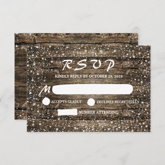 バ素朴ンウッドスノーフレーク冬ウェディングRSVP 出欠カード (正面/裏面)