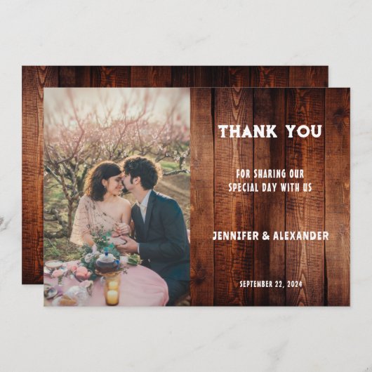 バ素朴ンウッドタイポグラフィ写真カントリー結婚式 サンキューカード (正面/裏面)