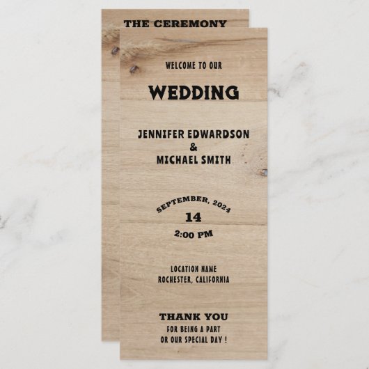 バ素朴ンウッドタイポグラフィ田舎の結婚式 プログラム (正面/裏面)