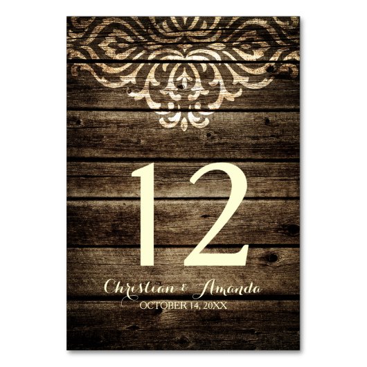 バ素朴ンウッドダマスヴィンテージウェディングテーブルカード テーブルナンバー (正面)