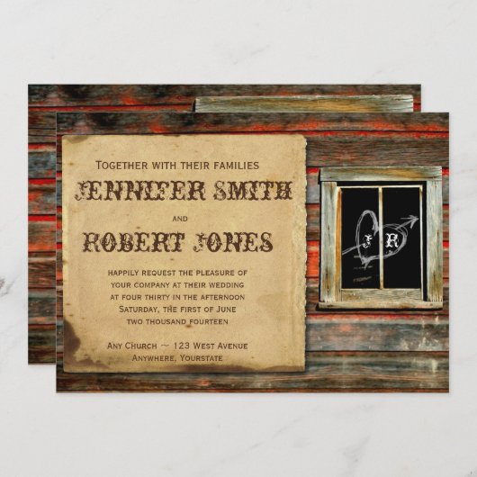 バ素朴ンウッドハートウィンドウ結婚式招待状 招待状 (正面/裏面)