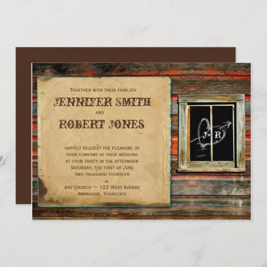 バ素朴ンウッドハートウィンドウ結婚式招待状 招待状 (正面/裏面)