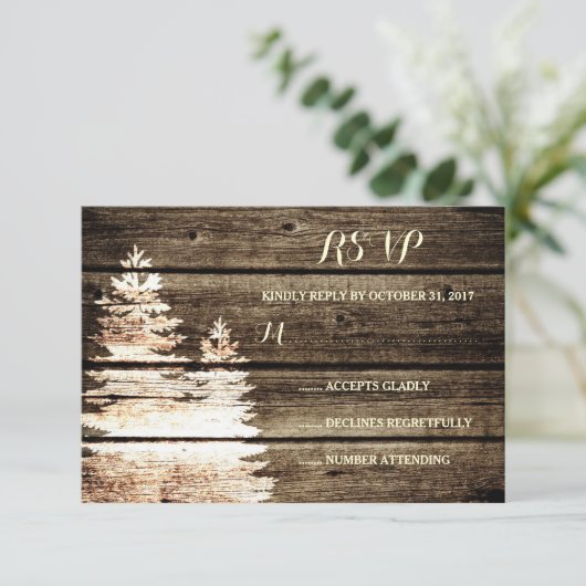 バ素朴ンウッドパインツリーズウィンターウェディングRSVP 出欠カード (スタンド正面)