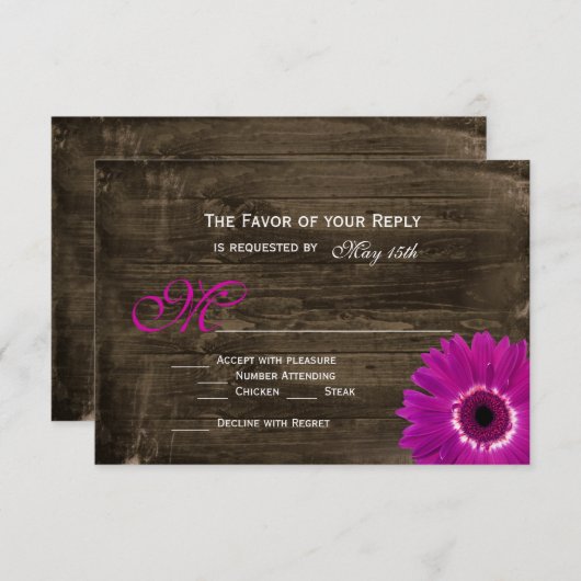 バ素朴ンウッドパープルデイジーウェディングRSVPカード 出欠カード (正面/裏面)