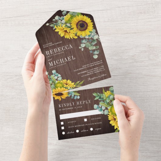 バ素朴ンウッドヒマワリとユーカリ結婚ス オールインワン招待状 (貼ってはがせる)